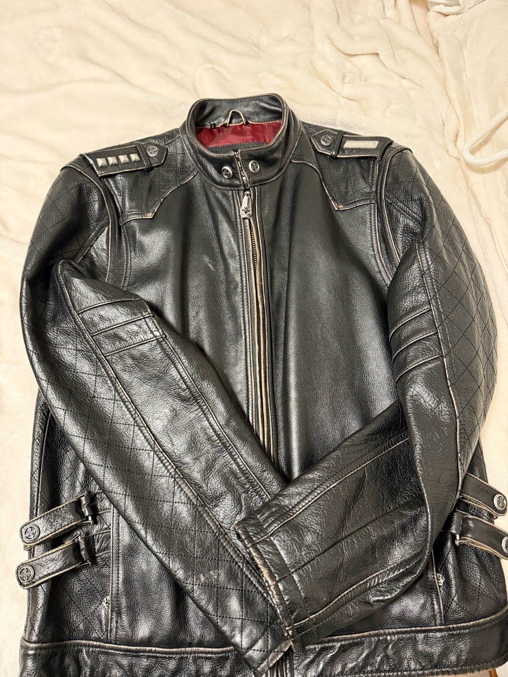 Affliction Black Leather Quilted Bomber Jacket with Stud Accents